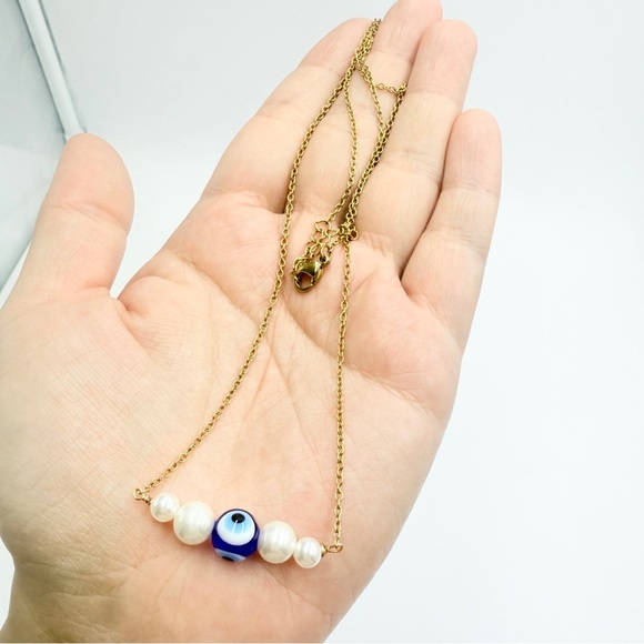 Gold Tone Chain Necklace with Evil Eye and Faux Pearl Beads - Picture 6 of 9
